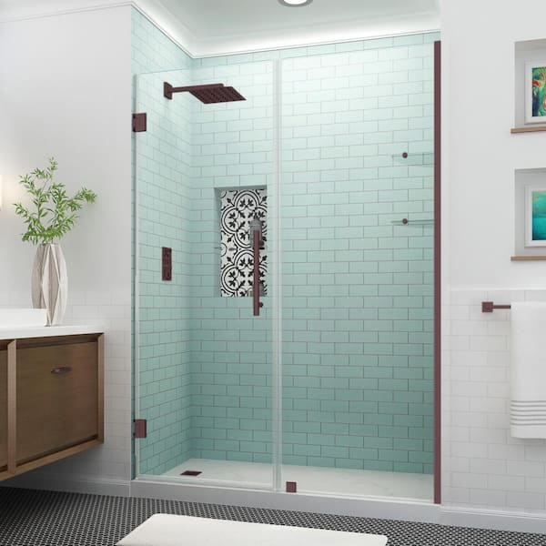 Aston Belmore GS 65.25 in. to 66.25 in. x 72 in. Frameless Hinged Shower Door with Glass Shelves in Bronze