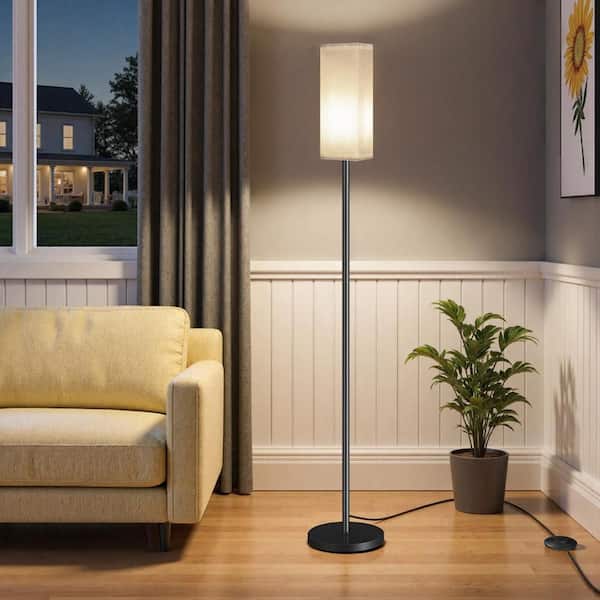 65 in. Black 1-Light Lantern Floor Lamp with Linen Shade and No Bulbs Included
