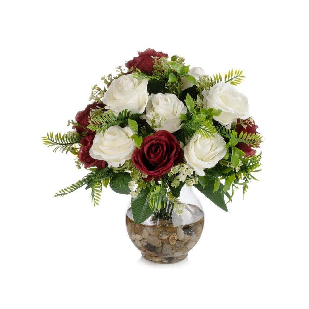 13 in. Red Indoor Artificial Rose Flowers Arrangement in Glass Pot