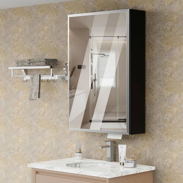 tunuo 18 in. W x 26.8 in. H Rectangular Aluminum Surface Mount Medicine Cabinet with Mirror, Tissue Drawer Hole, 3x Magnifier