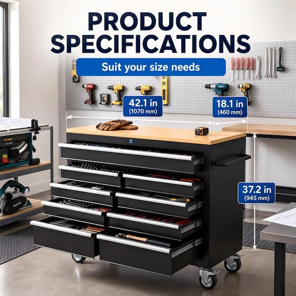 Heavy Duty 42.1 in. W x 18.1 in. D 9-Drawer Black Steel Rolling Tool Cabinet