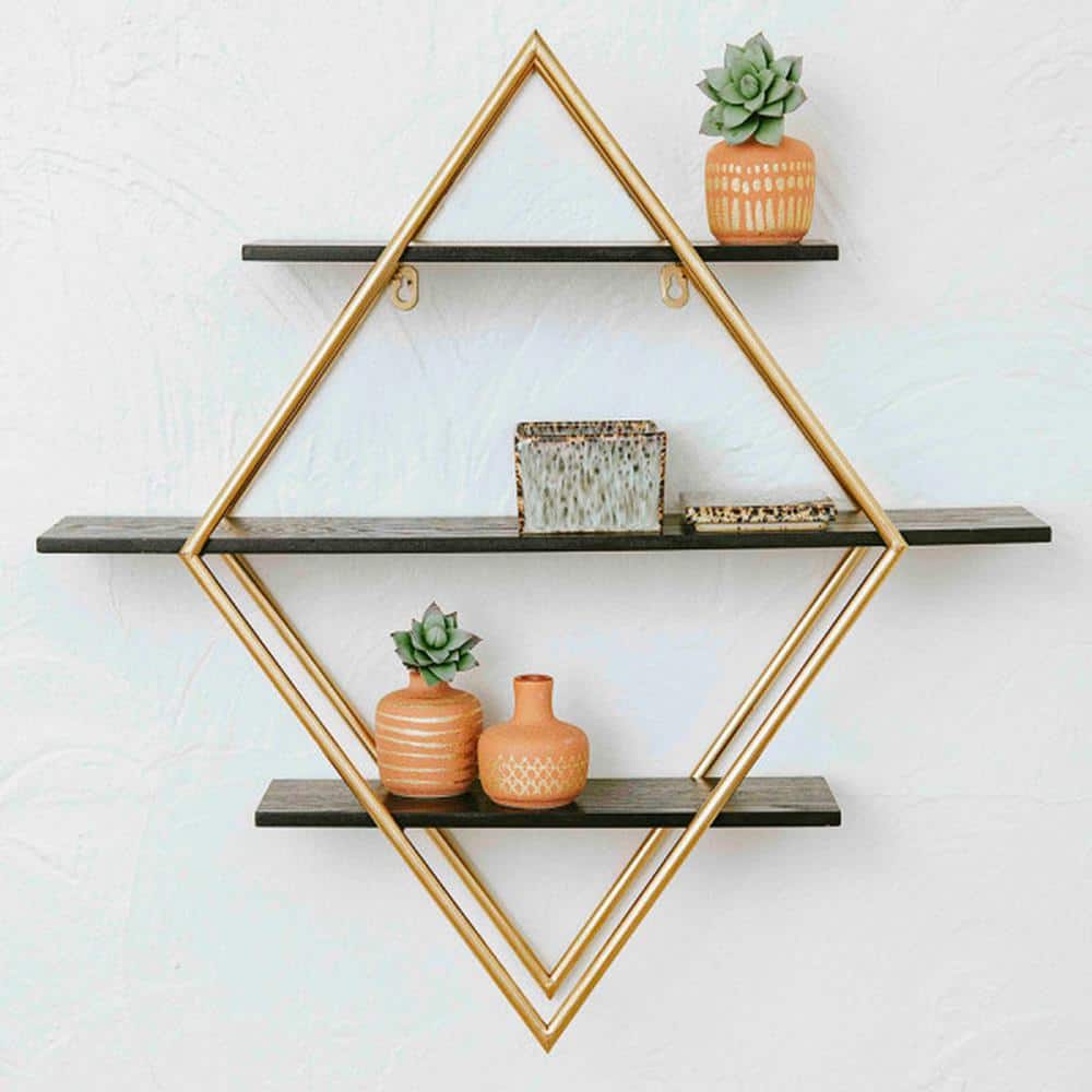 Espresso Black Wood and Gold Iron Diamond Wall Shelf, 23.5"