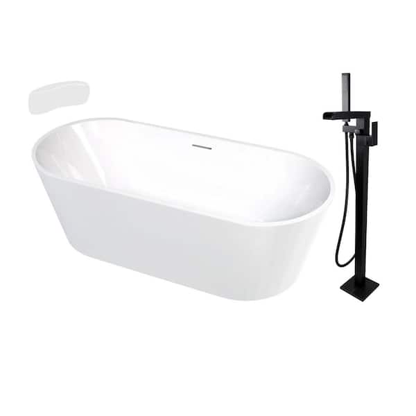 Transolid Maris Grande 67 in. x 31.125 in. Soaking Bathtub with Center Drain in Gloss White/Matte Black with Faucet and Pillow