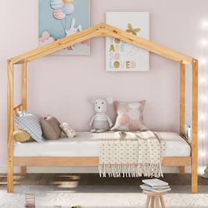 Natural Twin Size House Bed for Kids Wooden Platform Bed Frame with Headboard and Storage Space for Girls Boys