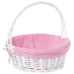 White Large Round Willow Gift Basket with Pink and White Gingham Liner and Handles