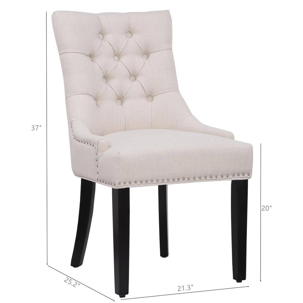 Beige Linen Tufted High-Back Wooden Side Chair