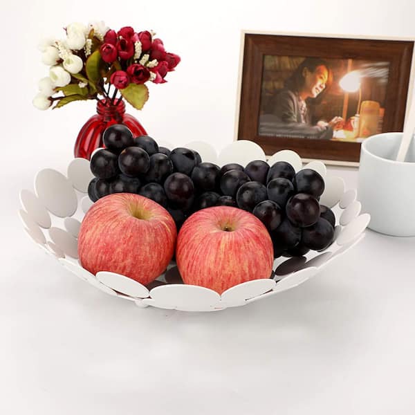 1 Piece White Metal Fruit Bowl Basket Creative Fruit Stand Round Fruit Tray for Breads Snacks Candy