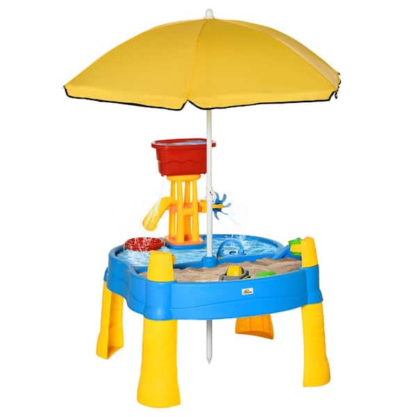 AULEDIO 25-Pieces 2-in-1 Covered Sandbox Table with Umbrella for Outdoors and Indoors