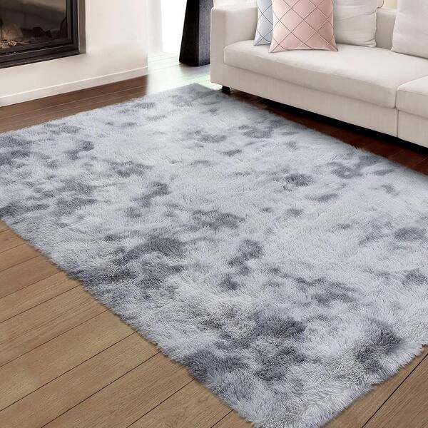 Tie-Dyed Gray 6 ft. x 9 ft. Fluffy Non-Skid with Faux Fur Back in Area Rugs