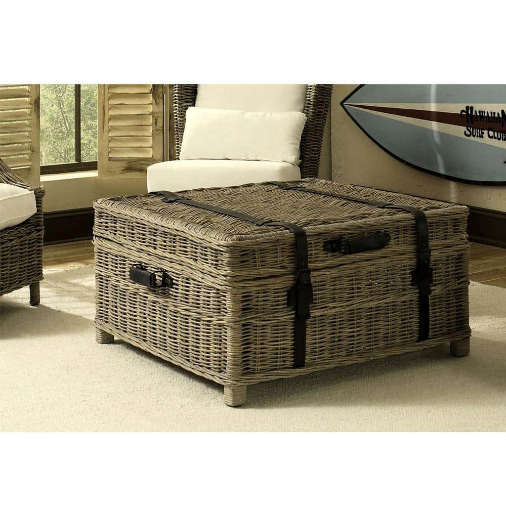 Gray Wicker Rectangular Coffee Table Trunk with Leather Accents