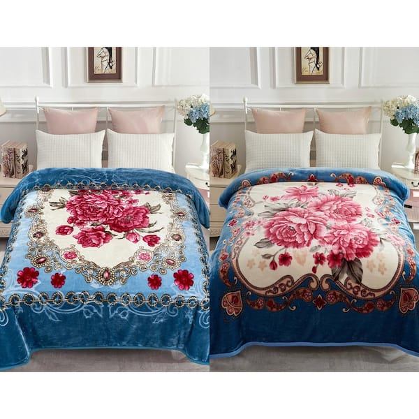 JML Blue Flower 83"x91" Reversible Printed Polyester Fleece Mink Warm Thick Winter Blanket