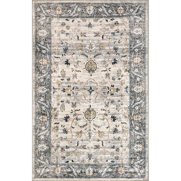 nuLOOM Dera Floral Border Machine Washable Gray 5 ft. x 8 ft. Traditional Area Rug