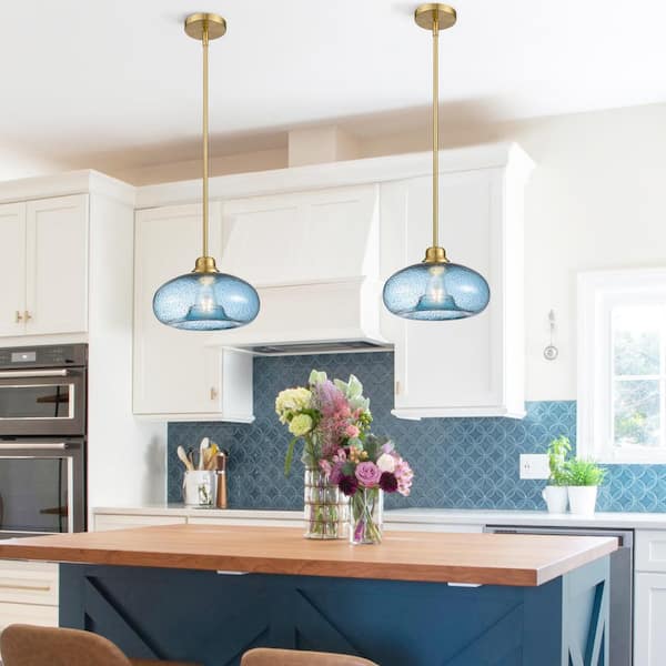 1-Light Modern Gold Pendant-Light with Hand Blown Clear Seeded Glass