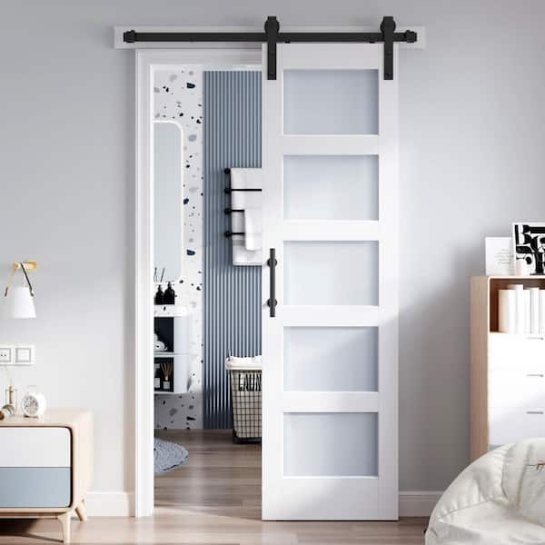 26 in. x 84 in. 5-Lite Tempered Frosted Glass White Finished Solid Core MDF Wood Sliding Barn Door with Hardware Kit