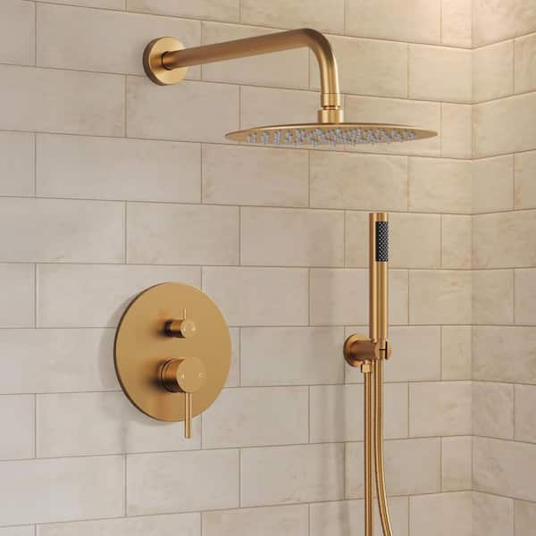 Pressure Balance Wall Mount 10 in. Round Double Handle 2-Spray Shower Faucet 2.5 GPM with Anti Scald in Brushed Gold