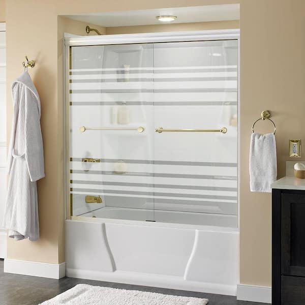 Delta Crestfield 60 in. x 58-1/8 in. Semi-Frameless Traditional Sliding Bathtub Door in White and Brass with Transition Glass
