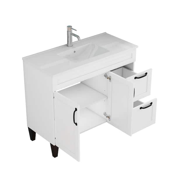 39.4 in. White Wood Rectangle Vessel Sink Bathroom Vanity Combo with 2 Doors and 2 Big Drawer