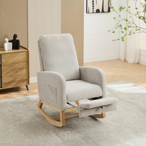 Unbranded Light Grey Boucle Fabric Rocking Chair with Retractable Footrest Nursery Glider Rocker Accent Armchair with Side Pocket XS MD4671335