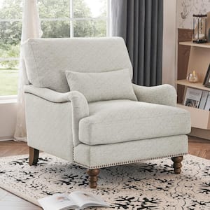 39 in. W Herringbone Beige Fabric Upholstered Club Chair with Nailhead Trim Wooden Leg Accent Chair