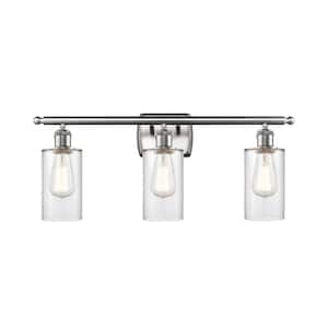Clymer 26 in. 3-Light Brushed Satin Nickel Vanity Light with Clear Glass Shade