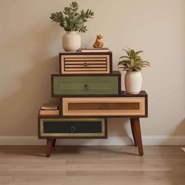 Ahokua Vintage Modern Walnut 30.25 in. Accent Chest with 4-Drawer and Mixed Pattern Fronts and Asymmetrical Design