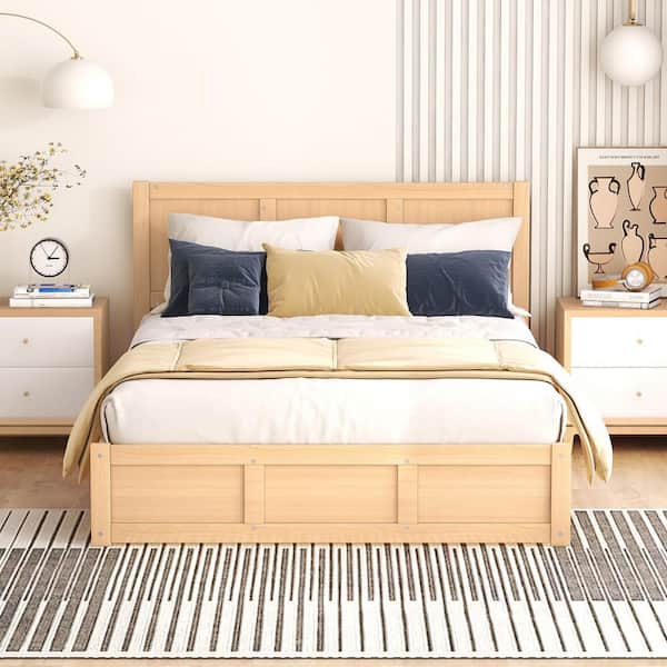 Brown Wood Frame Full Size Platform Bed with Soft cushion and shelves on the footboard