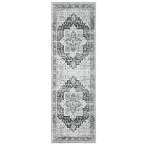 Gray 2 ft. x 6 ft. Washable Distressed Floral Vintage Persian Runner Rug