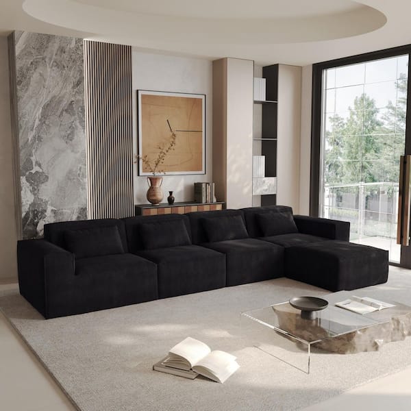 149.6 in. Velvet Square Arm Modular 5-Piece Corner Sectional Sofa in Black with Ottoman