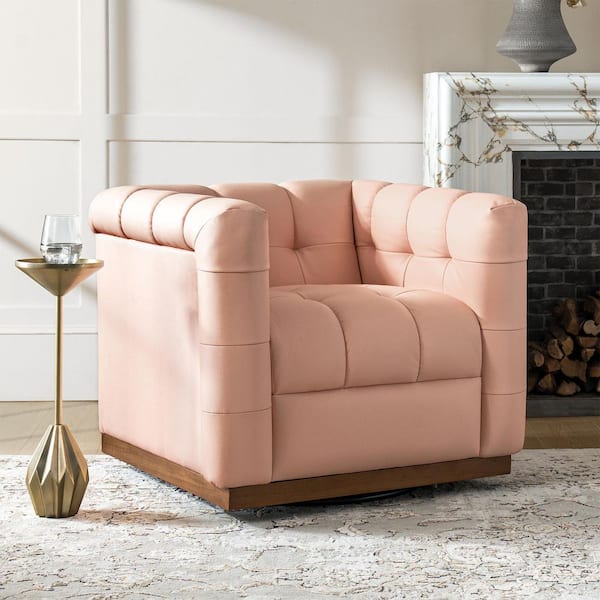 Gunther Pink Genuine Leather Swivel Club Chair with Wooden Apron