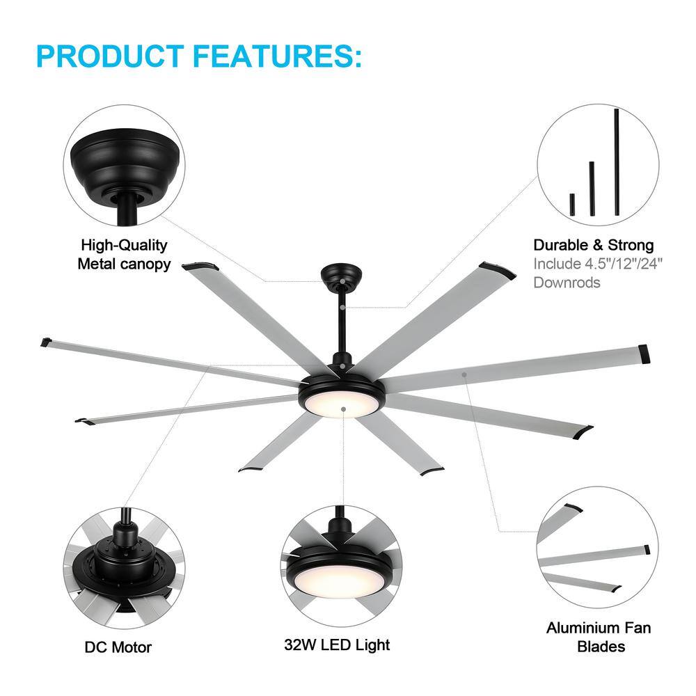 80-inch Black and Silver Aluminum Ceiling Fan with Integrated LED Light and Remote