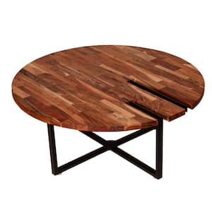 35.4 in. L Brown and Black Round Wooden Top Coffee Table with Metal Base