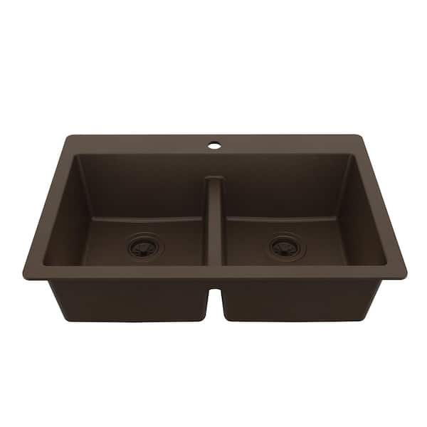 Brown Quartz/Granite 33 in. 50/50 Double Bowl Composite Drop-in Kitchen Sink