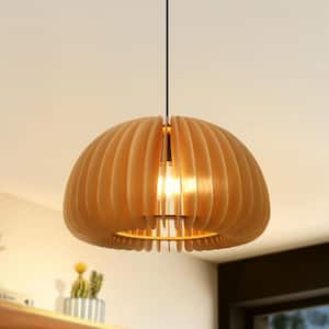 1-Light Natural Geometric Pendant Light Chandelier with Wooden Shade for Dining Room with No Bulbs Included