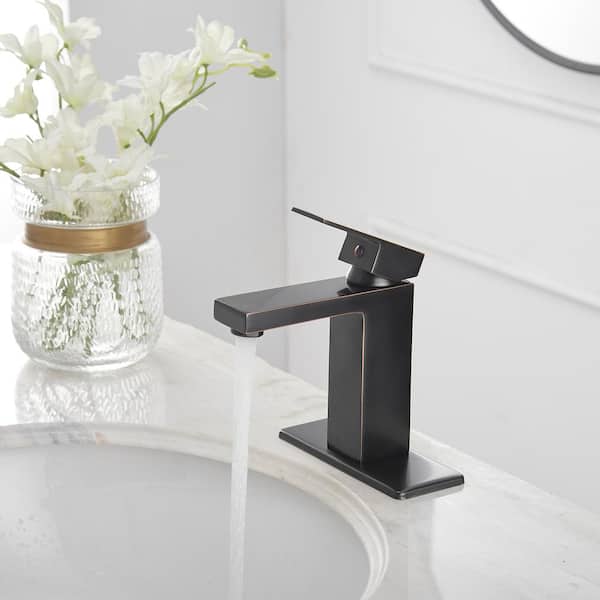 Single Handle Single Hole Bathroom Faucet with Deckplate Included, Pop Up Drain, Water Supply Hoses in Oil Rubbed Bronze