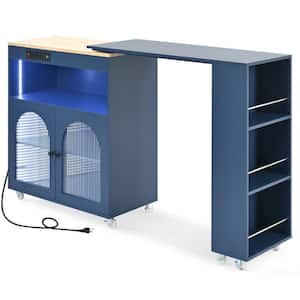 Navy Blue Rolling Kitchen Carts With Natural Wood Top and Cabinet Storage