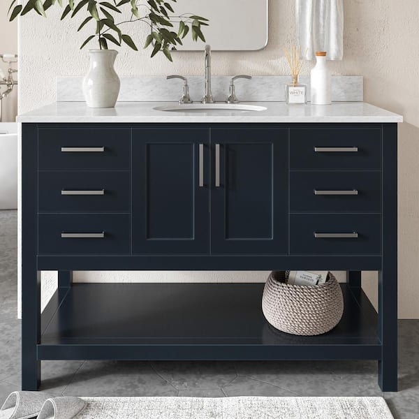ARIEL Magnolia 49 in. W x 22 in. D x 36 in. H Bath Vanity in Midnight Blue with White Marble Vanity Top with White Basin
