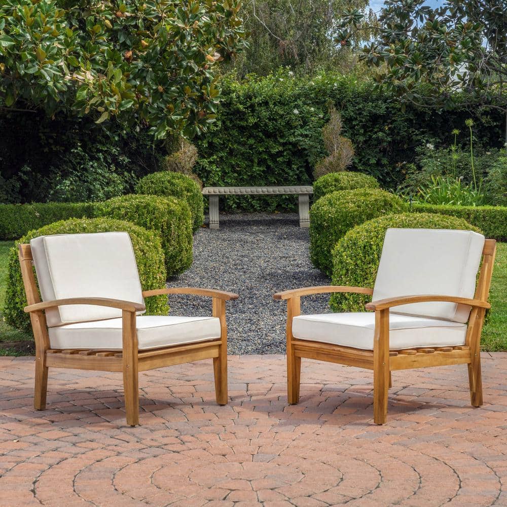 Teak Wood Coastal Lounge Chairs with Beige Water-Resistant Cushions (Set of 2)