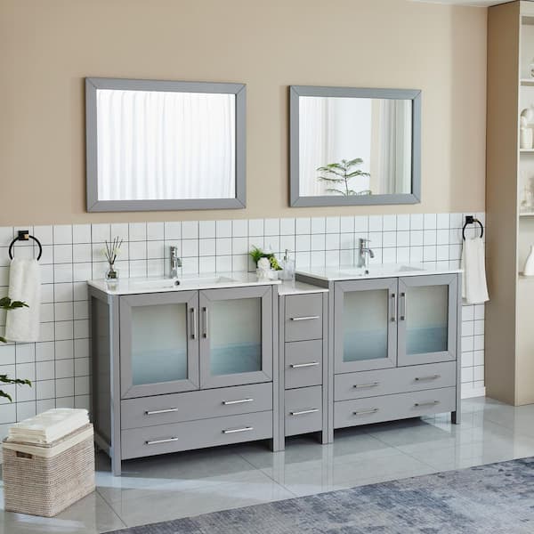 Brescia 84 in. W x 18 in. D x 36 in. H Bathroom Vanity in Grey with Double Basin Top in White Ceramic and Mirrors