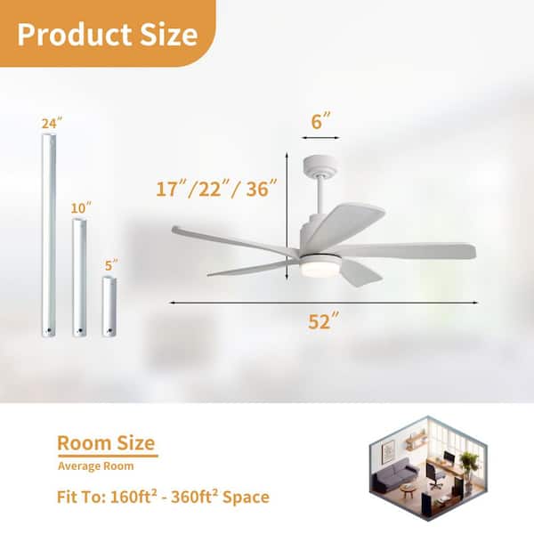 52 in. Integrated LED Indoor Downrod Mount White Solid Wood Blades Standard Ceiling Fan with Dimmable Light, Remote
