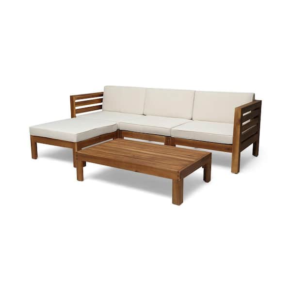 Anky 5-Piece Wood Patio Conversation Sectional Seating Set with Beige Cushions, with Ottoman and Coffee Table