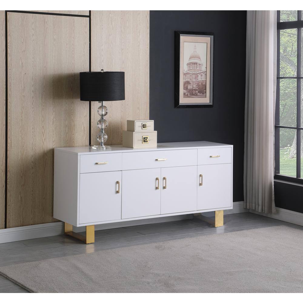 Tyrion Modern White Lacquer Sideboard with Gold Stainless Accents