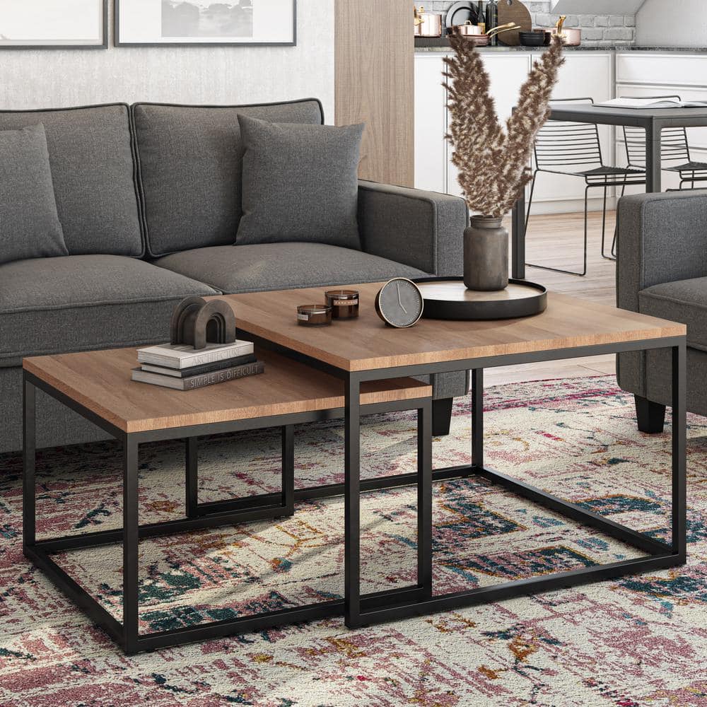 Fort Worth Brown Wood and Black Metal Square Nesting Coffee Tables