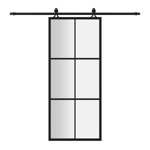 30 in. x 84 in. 6 Lite Tempered Frosted Glass Black Finished Solid Core Aluminum Barn Door Slab with Hardware Kit