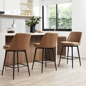 Cecily 27 in. Saddle Brown High Back Metal Swivel Counter Stool with Faux Leather Seat (Set of 3)