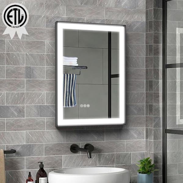 20 in.W x 28 in.H Rectangular Black Aluminum Framed Anti Fog LED Lighted Modern Wall Bathroom Vanity Mirror in Tempered