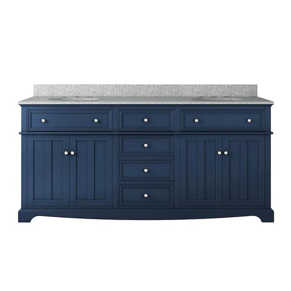 Fremont 72 in. Double Sink Navy Blue Bath Vanity with Grey Granite Top (Assembled)