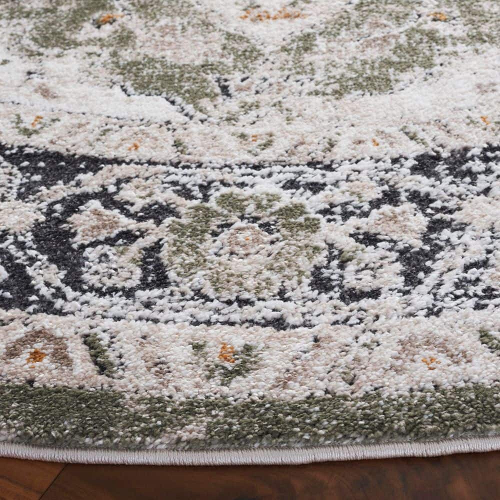 Green and Beige Round Synthetic Medallion Area Rug, 6'7"