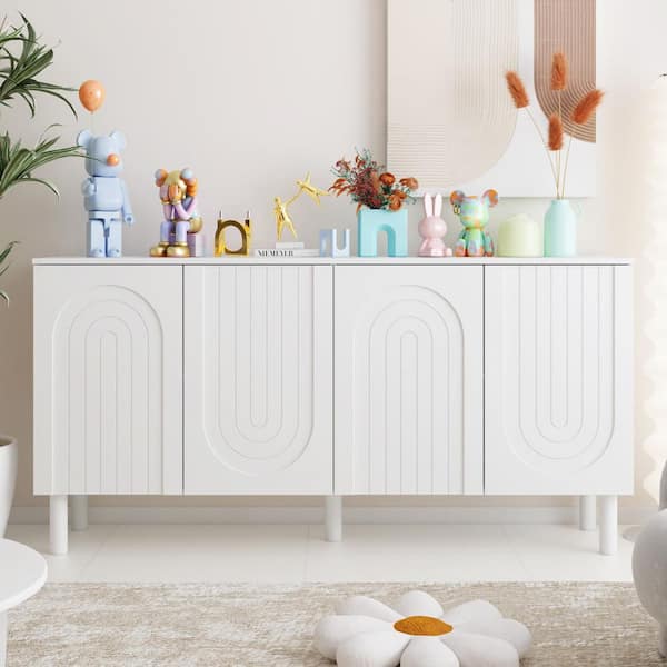 White Paint Wood Accent Storage Cabinet Cupboard with Adjustable Shelves, Pop-up Doors