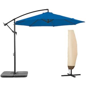 10 ft. Aluminum Patio Offset Umbrella Outdoor Cantilever Umbrella with Cover, Crank and Cross Bases in Royal Blue