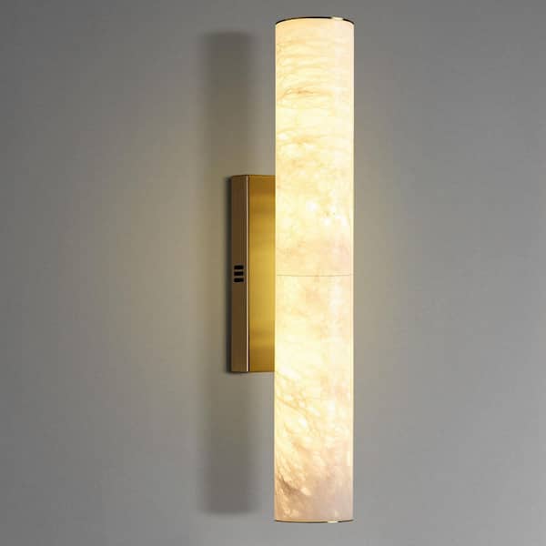 20 in. 2-Light Brass Dimmable LED Wall Sconce, Modern Spanish Natural Marble Wall Light, for Bedroom, Stairs (1-Piece)